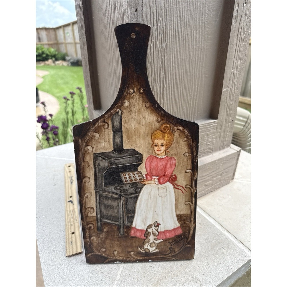 Vintage Lady & Dog Farm Wood Wall Hanging 15" Bread Board Art 1978 Norleans